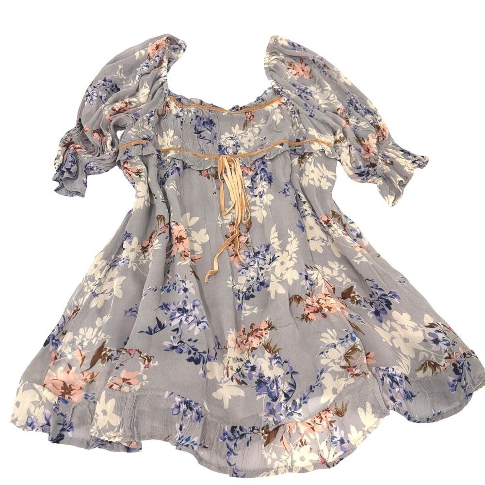 New Free People Floral Babydoll Mini Dress Women S Lavender Gray Puff Sleeve NWT - Picture 1 of 11